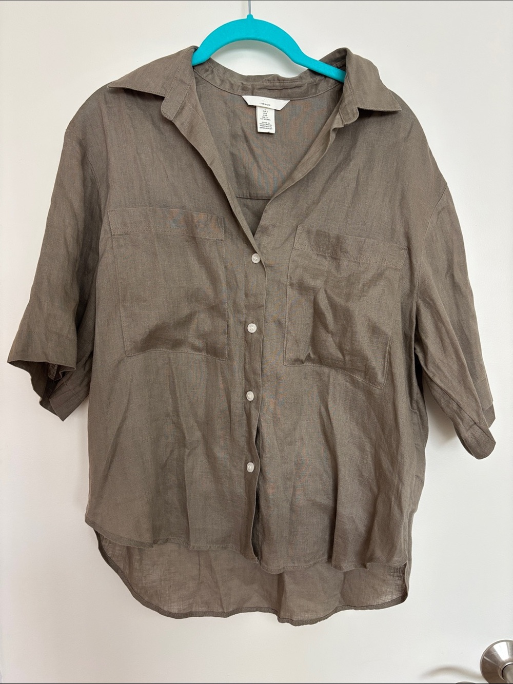 H&M Linen Taupe Short-Sleeve Button-Down Shirt